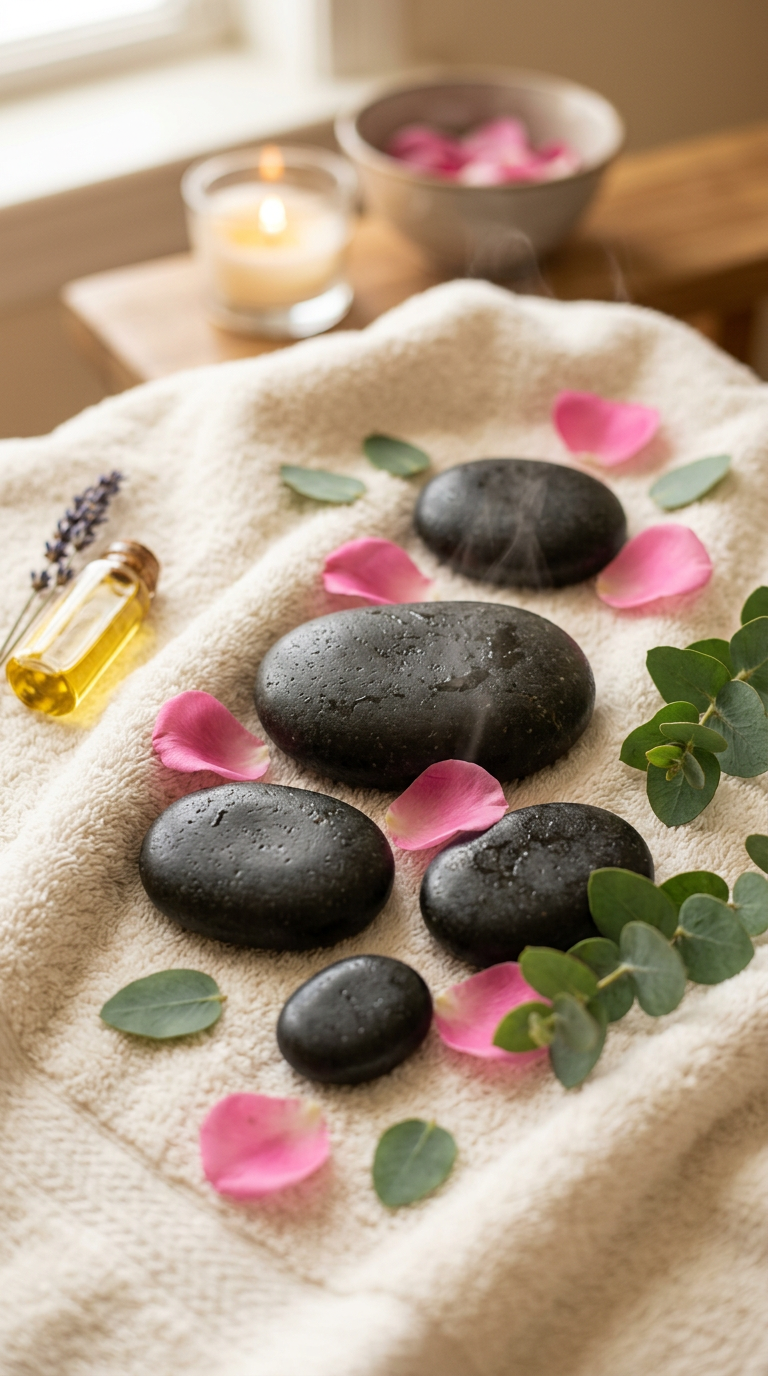 Warm basalt hot stones on an ivory towel with rose petals and eucalyptus