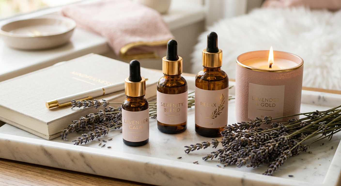 Amber aromatherapy oil bottles beside dried lavender and a lit candle