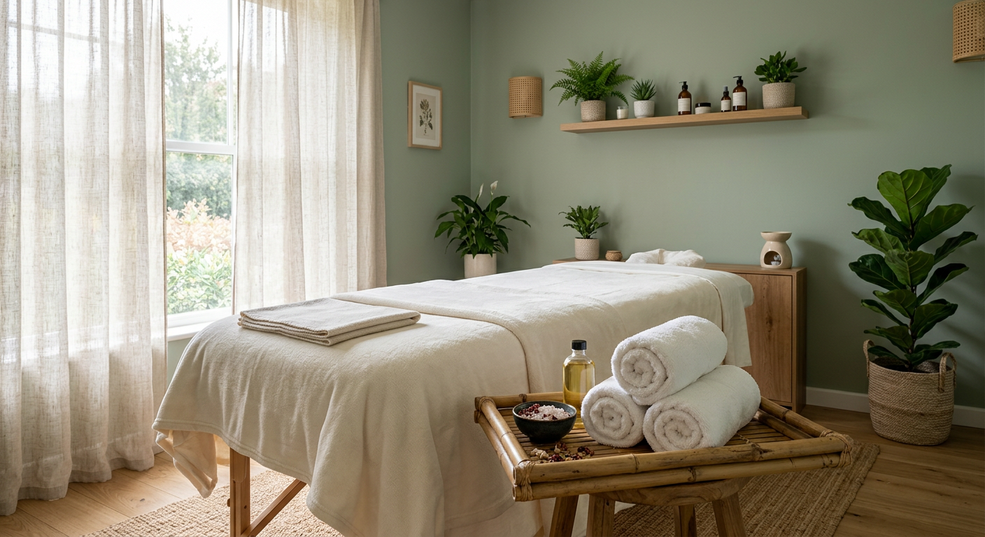 Serene treatment room with rolled towels, plants and soft daylight