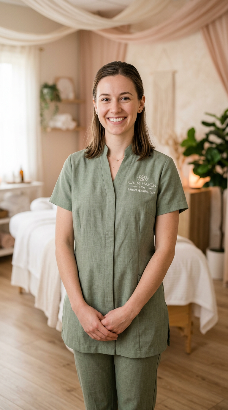 Sarah, licensed massage therapist, smiling in her treatment studio